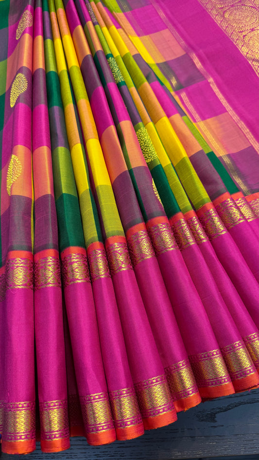 PAALUM PAZHAM KATTAM WITH CONTRAST PINK HANDLOOM KANCHIPURAM SILK SAREE (KSS290)