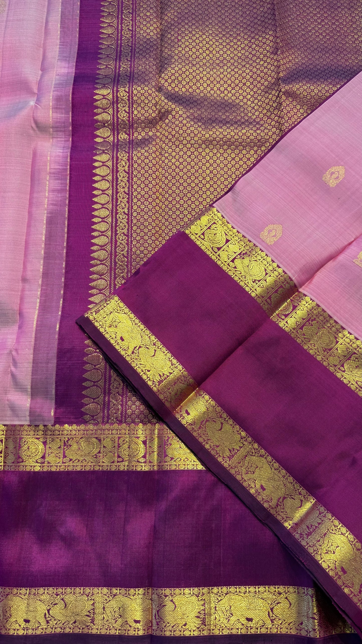 LIGHT PASTEL PINK WITH CONTRAST VADAMALLI PURPLE KANICHIPURAM HANDLOOM SILK SAREE (KSS429)