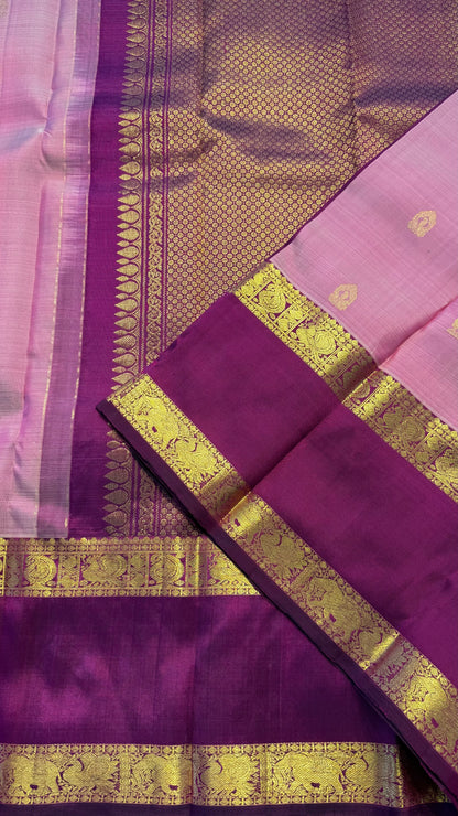 LIGHT PASTEL PINK WITH CONTRAST VADAMALLI PURPLE KANICHIPURAM HANDLOOM SILK SAREE (KSS429)