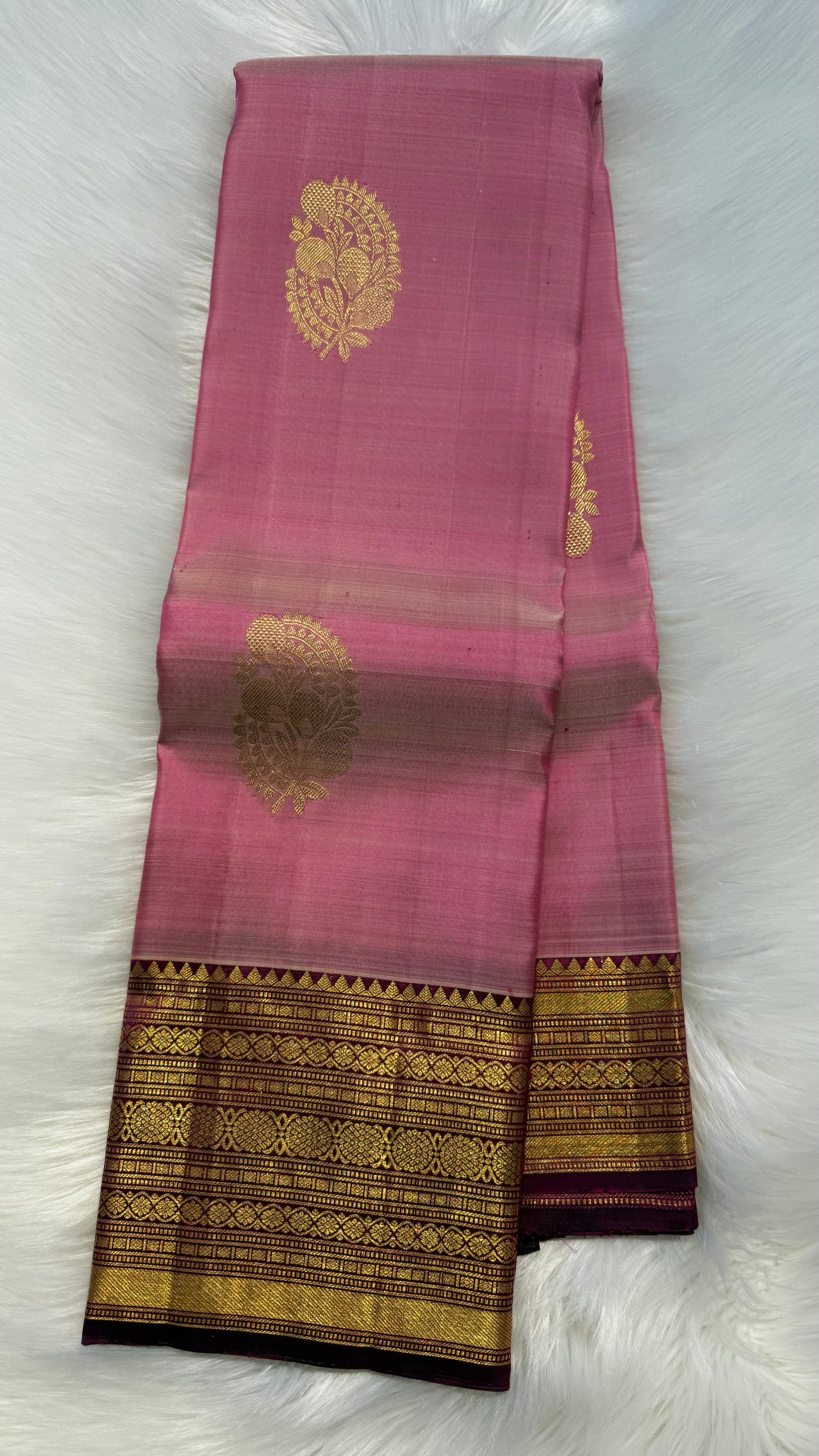LIGHT PASTEL PINK WITH CONTRAST VADAMALLI PURPLE KANCHIPURAM HANDLOOM SILK SAREE (KSS402)