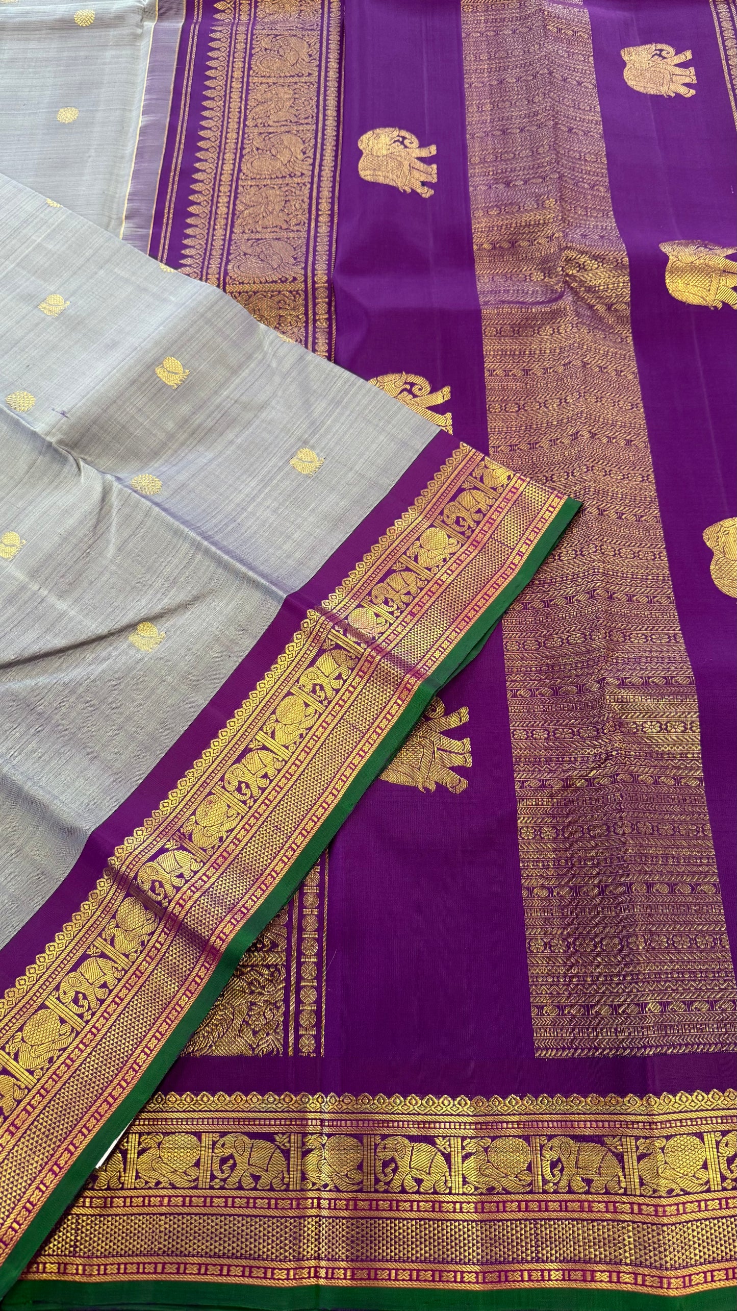 TRADITIONAL DUAL TONE GREYISH PURPLE WITH CONTRAST VADAMALI PURPLE BORDER GOLD ZARI HANDLOOM KANICHIPURAM SILK SAREE (KSS93)
