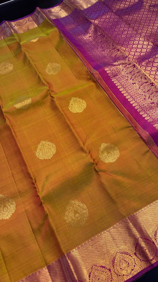 DUAL TONE OLIVE YELLOW WITH CONTRAST PURPLE KANCHIPURAM HANDLOOM SILK SAREE (KSS426)