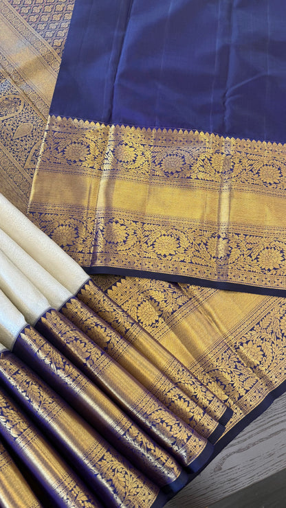 BRIDAL WHITE SILVER ZARI WITH CONTRAST INDIGO HANDLOOM KANICHIPURAM SILK SAREE (KSS136)