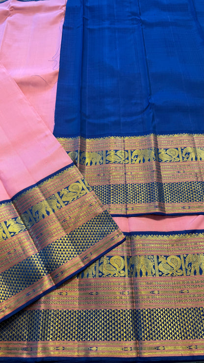 BRIGHT GUAVA PINK WITH CONTRAST BLUE GOLD ZARI HANDLOOM KANCHIPURAM SILK SAREE (KSS482)