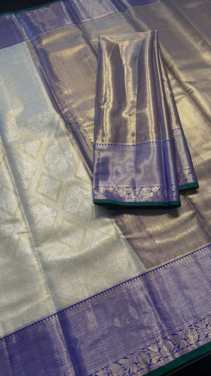 CHAMPAGNE GOLD WITH CONTRAST BLUE SEMI SILK KANCHIPURAM SILK SAREE (SSKS69)