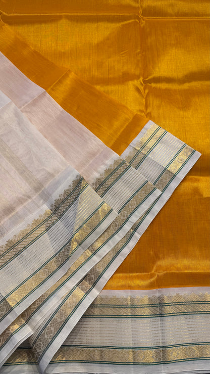 GOLDEN MUSTARD WITH OFF WHITE HANDLOOM KANCHIPURAM SILK COTTON (KSC121)