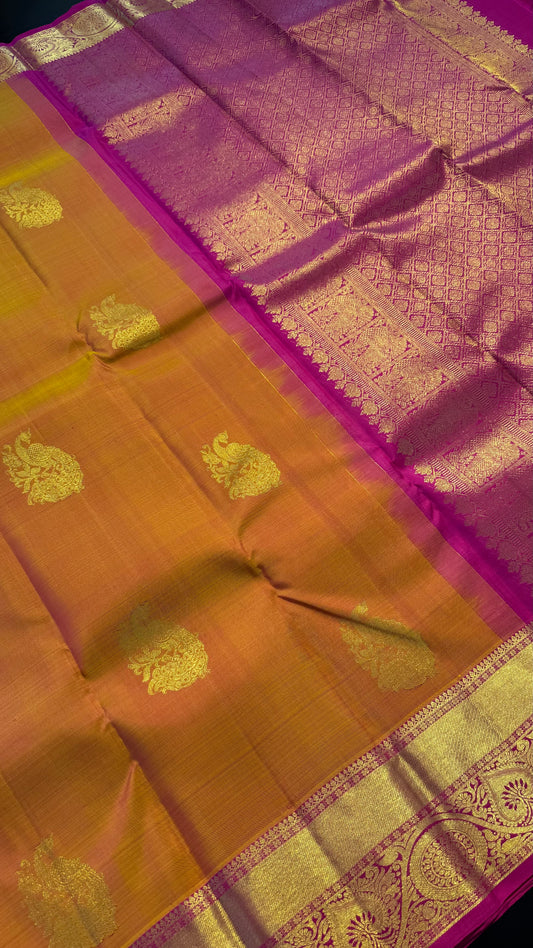 MANGO YELLOW WITH CONTRAST PINK GOLD ZARI HANDLOOM KANCHIPURAM SILK SAREE (KSS379)