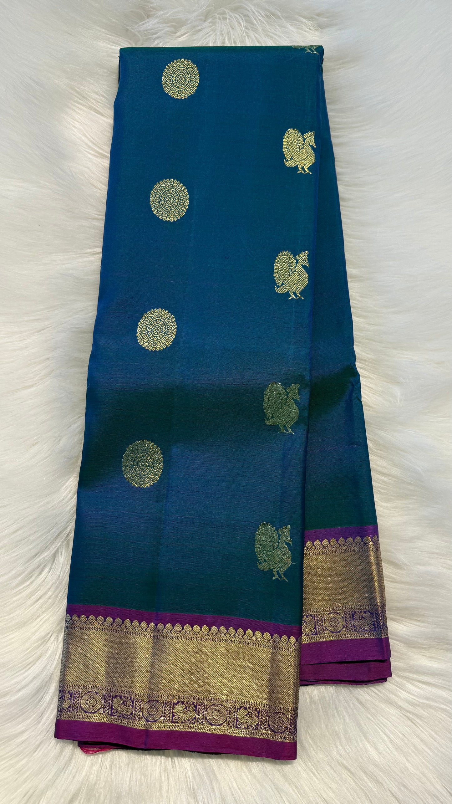 PEACOCK BLUE CONTRAST PURPLE GOLD ZARI HANDLOOM KANCHIPURAM SILK SAREE (KSS378)