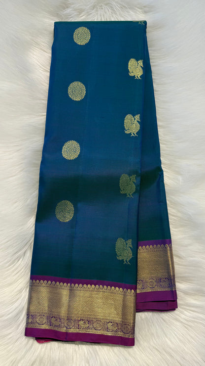 PEACOCK BLUE CONTRAST PURPLE GOLD ZARI HANDLOOM KANCHIPURAM SILK SAREE (KSS378)