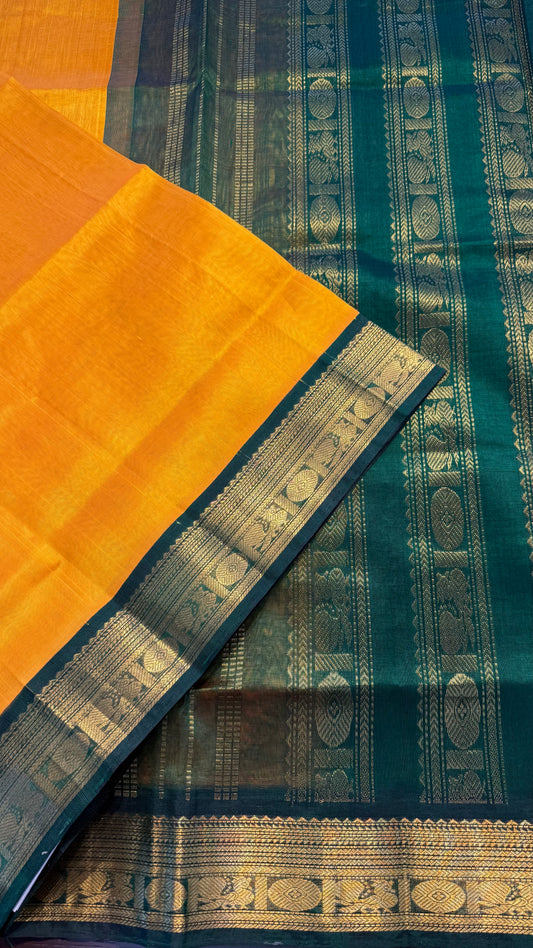 YELLOW WITH CONTRAST GREEN KANCHIPURAM SILK COTTON (KSC65)