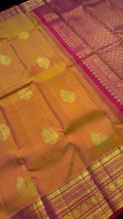 MANGO YELLOW WITH CONTRAST PINK GOLD ZARI HANDLOOM KANCHIPURAM SILK SAREE (KSS388)