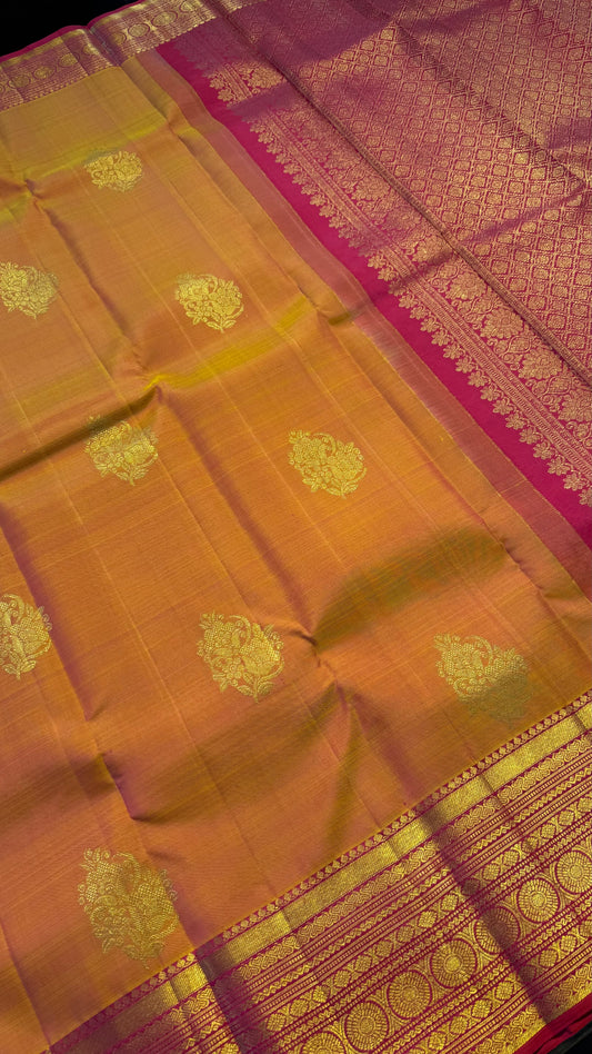 MANGO YELLOW WITH CONTRAST PINK GOLD ZARI HANDLOOM KANCHIPURAM SILK SAREE (KSS388)
