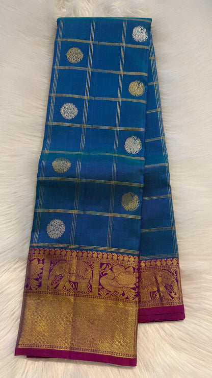 PEACOCK BLUE CHECKED WITH PURPLE GOLD ZARI HANDLOOM KANCHIPURAM SILK SAREE (KSS416)