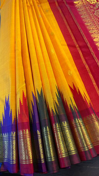 YELLOW WITH CONTRAST PURPLE AND PINK PURE HANDLOOM KANCHIPURAM SINGLE SIDE BORDER SILK SAREE (KSSB35)