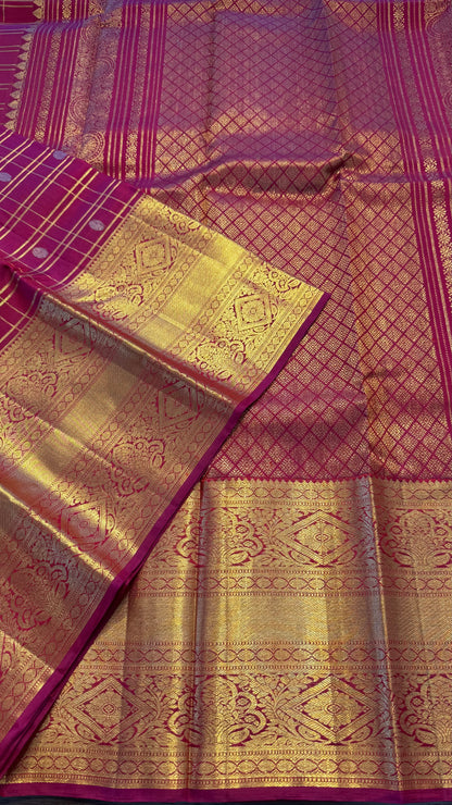 MAGENTA PINK CHECKED GOLD ZARI HANDLOOM KANCHIPURAM SILK SAREE (KSS274)