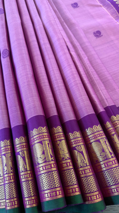 PINK WITH CONTRAST PURPLE GOLD ZARI HANDLOOM KANICHIPURAM SILK SAREE (KSS150)