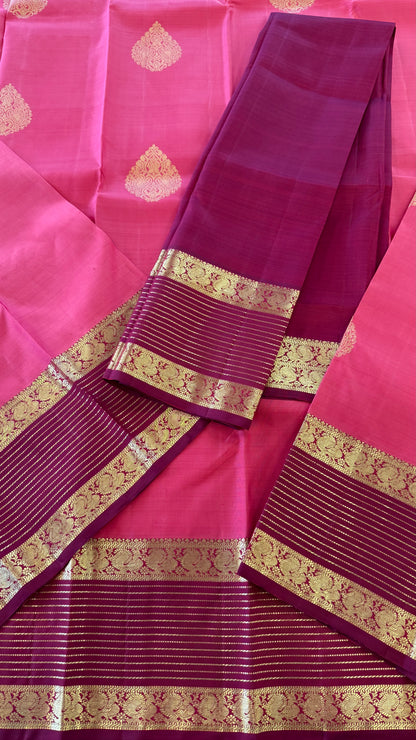 ROSE PINK WITH CONTRAST MAROON GOLD ZARI HANDLOOM KANICHIPURAM SILK SAREE (KSS158)