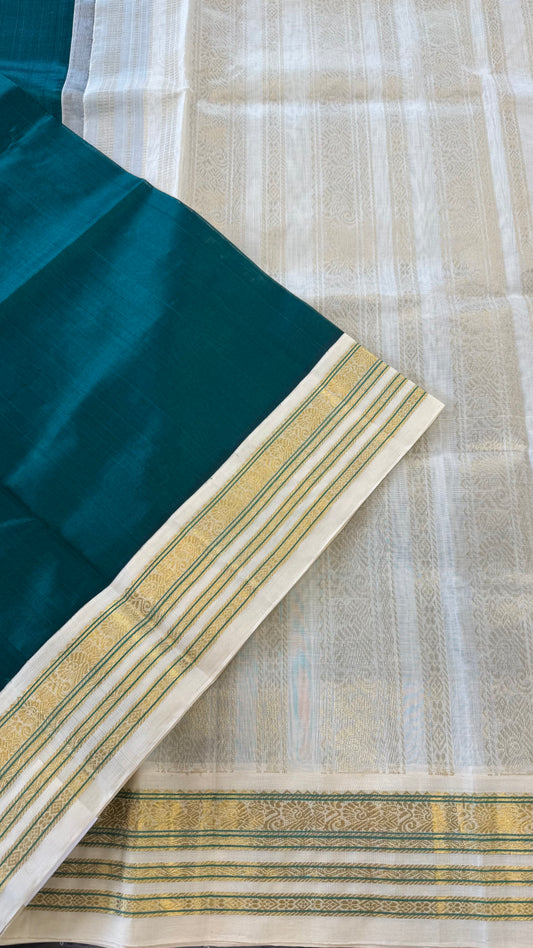 FOREST GREEN WITH CONTRAST CREAM KANCHIPURAM SILK COTTON (KSC82)