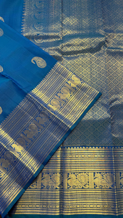 PEACOCK BLUE GOLD ZARI HANDLOOM KANCHIPURAM SILK SAREE (KSS303)