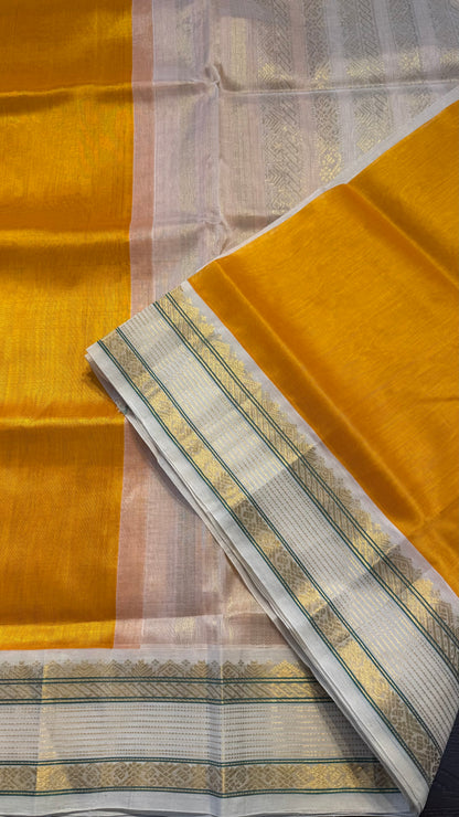 GOLDEN MUSTARD WITH OFF WHITE HANDLOOM KANCHIPURAM SILK COTTON (KSC121)