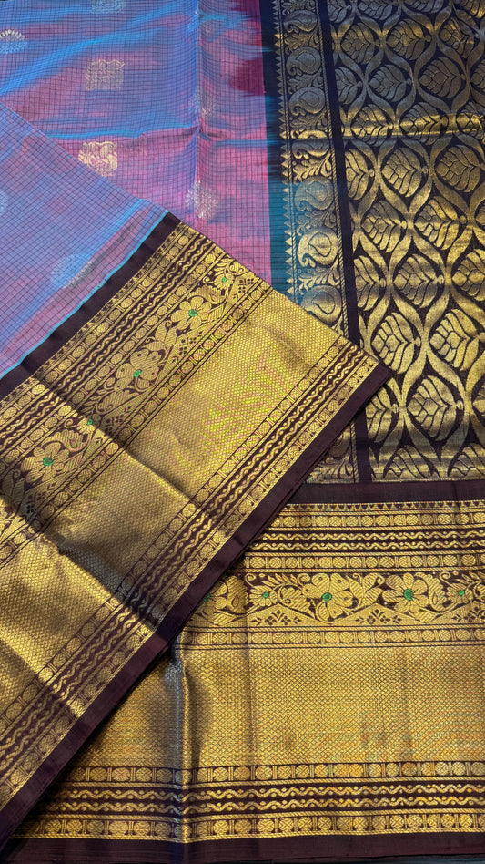 DUAL TONE BLUE PURPLE WITH CONTRAST DARK BROWN MANGALAGIRI SILK COTTON (MSC01)