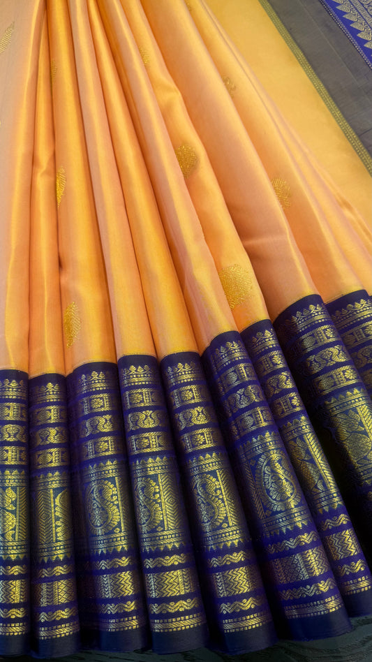 PEACH WITH CONTRAST PURPLE GOLD ZARI HANDLOOM KANCHIPURAM SILK SAREE (KSS464)
