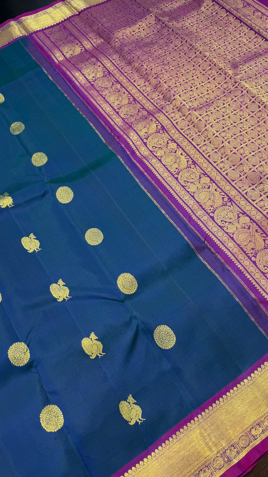 PEACOCK BLUE CONTRAST PURPLE GOLD ZARI HANDLOOM KANCHIPURAM SILK SAREE (KSS378)