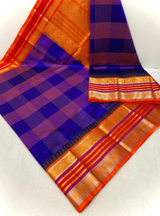 ROYAL BLUE WITH ORANGE TRADITIONAL CHECKED KUPPADAM HANDLOOM KANCHIPURAM SILK COTTON (KSC48)