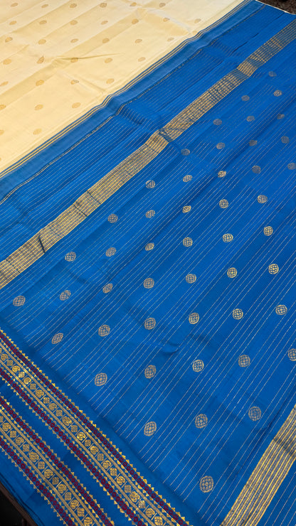 CREAM WITH CONTRAST BLUE PURE HANDLOOM KANCHIPURAM SINGLE SIDE BORDER SILK SAREE (KSSB32)