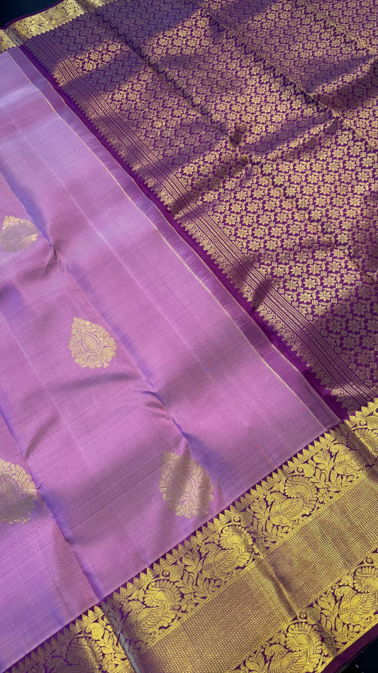 PASTEL LAVENDER WITH CONTRAST VADAMALLI PURPLE GOLD ZARI HANDLOOM KANCHIPURAM SILK SAREE (KSS380)