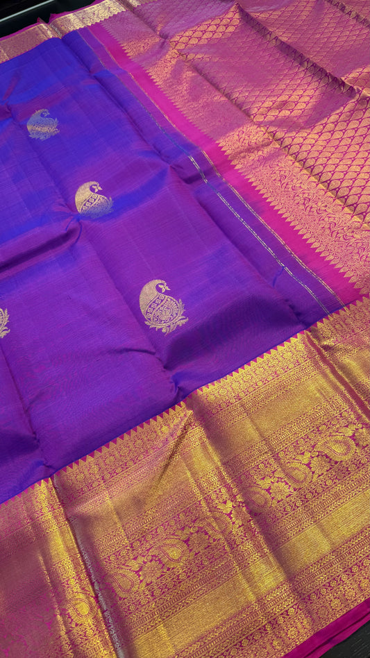 VADAMALLI PURPLE WITH CONTRAST RANI PINK GOLD ZARI HANDLOOM KANCHIPURAM SILK SAREE (KSS413)