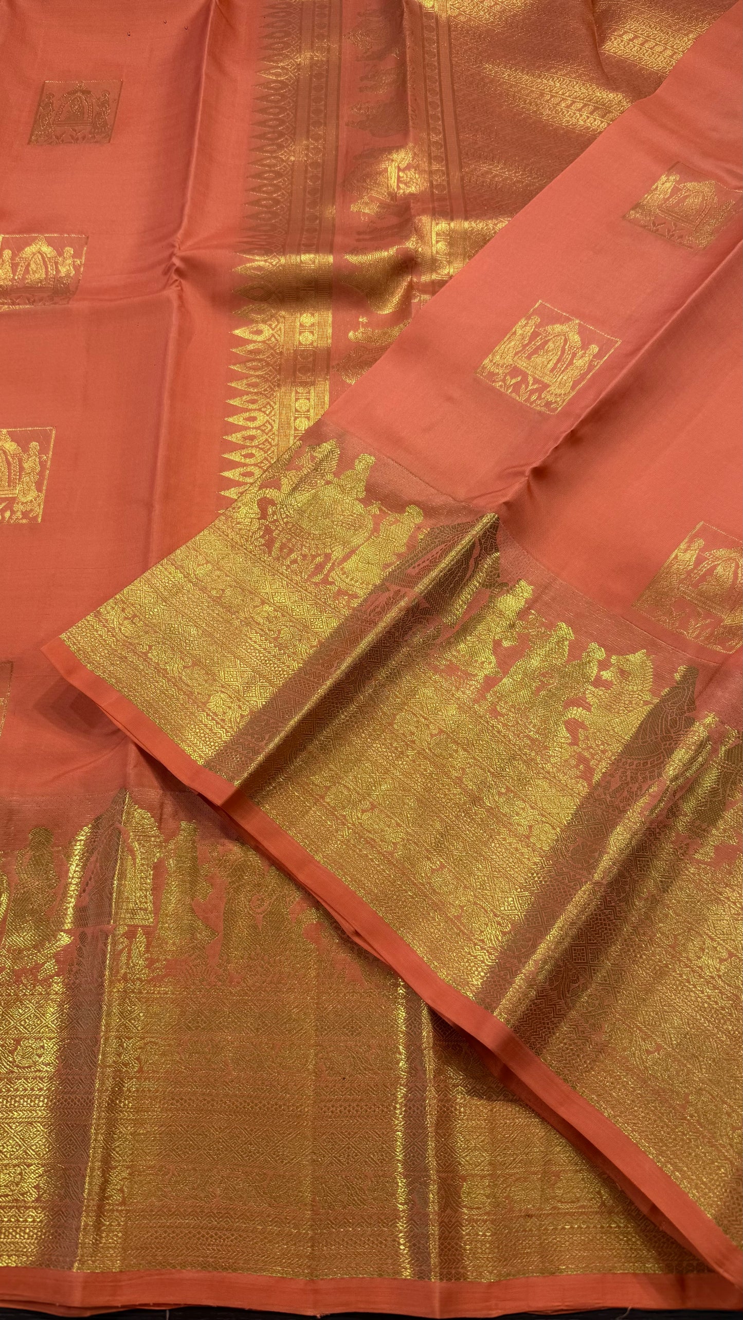 PEACH ORANGE PURE KANCHIPURAM HANDLOOM SILK SAREE SILK(KSS581)