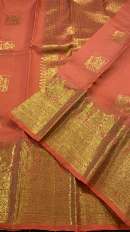 PEACH ORANGE PURE KANCHIPURAM HANDLOOM SILK SAREE SILK(KSS581)