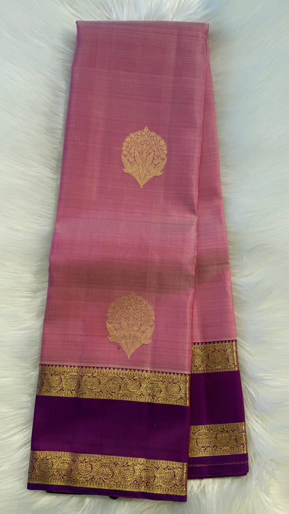 LIGHT PASTEL PINK WITH CONTRAST MAGENTA PURPLE KANCHIPURAM HANDLOOM SILK SAREE (KSS343)