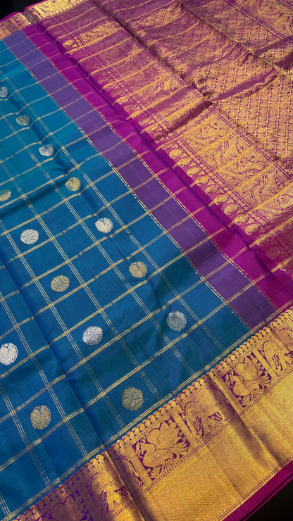 PEACOCK BLUE CHECKED WITH PURPLE GOLD ZARI HANDLOOM KANCHIPURAM SILK SAREE (KSS416)