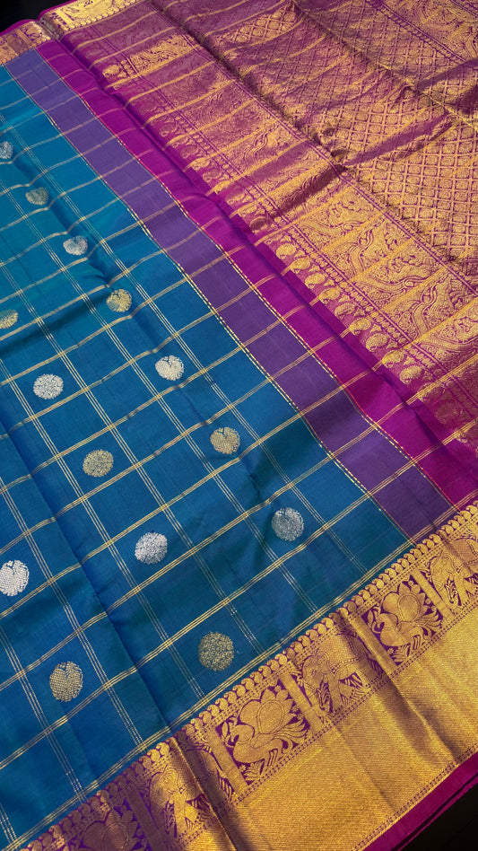 PEACOCK BLUE CHECKED WITH PURPLE GOLD ZARI HANDLOOM KANCHIPURAM SILK SAREE (KSS416)