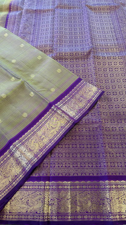 DUAL TONE GREEN WITH CONTRAST DEEP PURPLE GOLD ZARI HANDLOOM KANICHIPURAM SILK SAREE (KSS181)