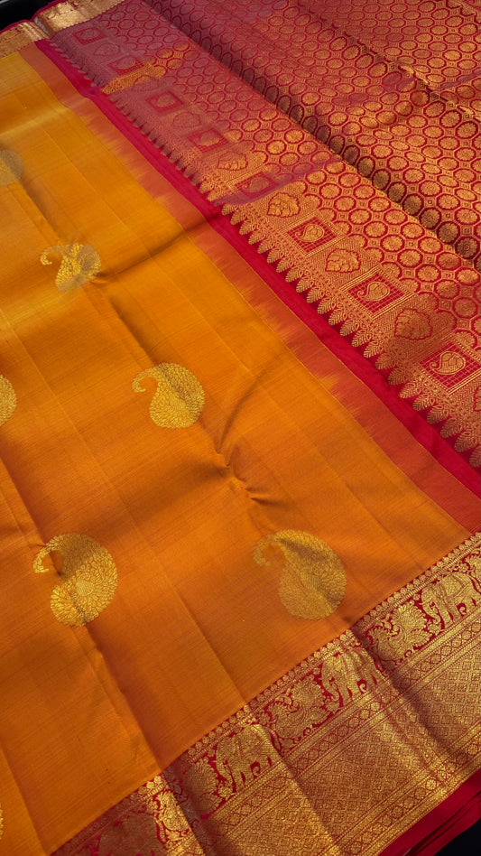 MANGO YELLOW WITH CONTRAST RED GOLD ZARI HANDLOOM KANCHIPURAM SILK SAREE (KSS406)