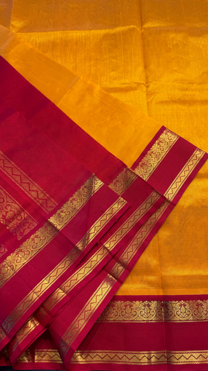 MUSTARD YELLOW WITH RED HANDLOOM KANCHIPURAM SILK COTTON (KSC108)
