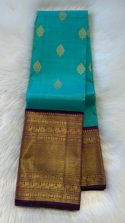 BRIGHT TEAL WITH CONTRAST PURPLE GOLD ZARI HANDLOOM KANCHIPURAM SILK SAREE (KSS483)