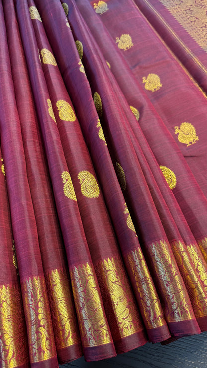 MULBERRY MAROON GOLD ZARI HANDLOOM KANCHIPURAM SILK SAREE (KSS117)