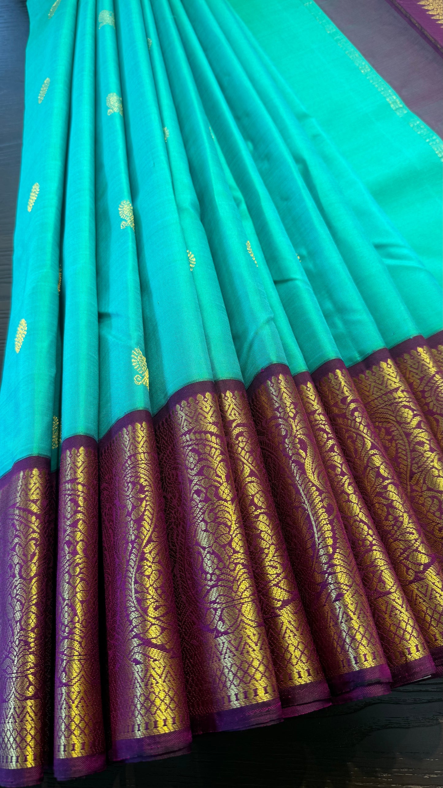 BRIGHT TEAL WITH CONTRAST PURPLE GOLD ZARI HANDLOOM KANCHIPURAM SILK SAREE (KSS478)