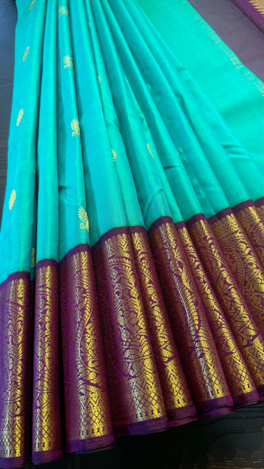 BRIGHT TEAL WITH CONTRAST PURPLE GOLD ZARI HANDLOOM KANCHIPURAM SILK SAREE (KSS478)
