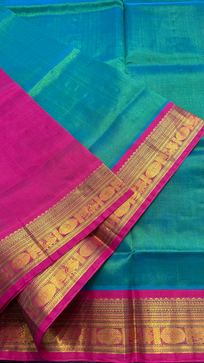 PEACOCK GREEN WITH CONTRAST HOT PINK KANCHIPURAM SILK COTTON (KSC17)