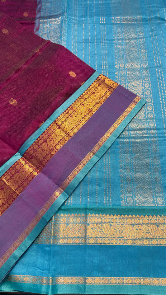 VAIRA OOSI PLUM WITH CONTRAST TURQUOISE KANCHIPURAM SILK COTTON (KSC01)