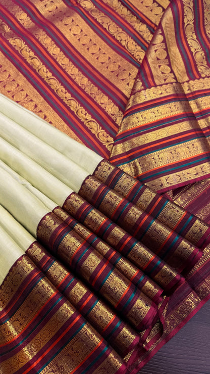 PASTEL GREEN KORVAI CONTRAST MAROON BORDER HANDLOOM KANICHIPURAM SILK SAREE (KSS233)