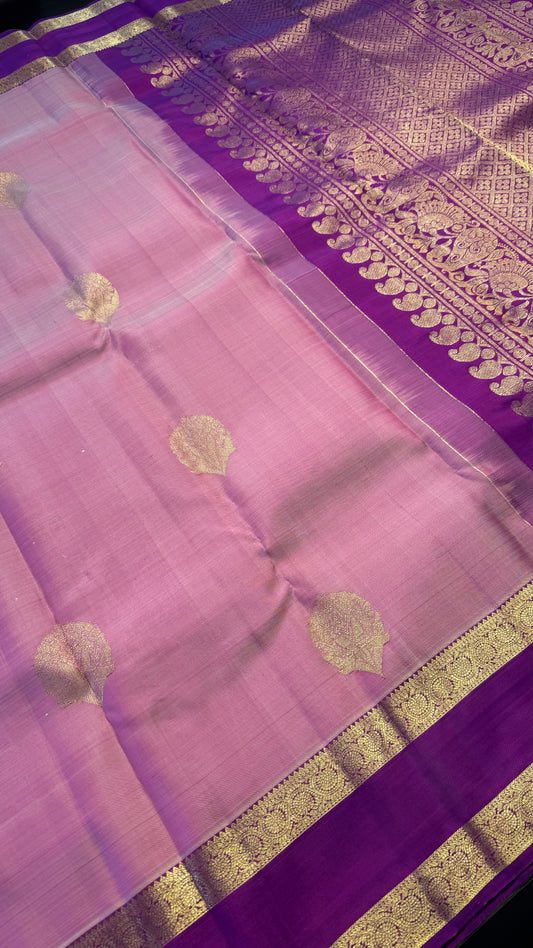 LIGHT PASTEL PINK WITH CONTRAST MAGENTA PURPLE KANCHIPURAM HANDLOOM SILK SAREE (KSS343)