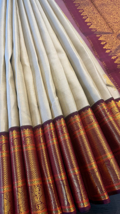 GOLD CONTRAST MAROON BORDER GOLD ZARI HANDLOOM KANICHIPURAM SILK SAREE (KSS135)