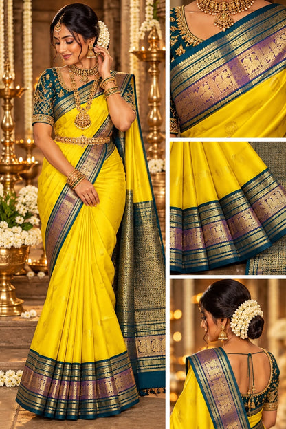 CANARY YELLOW WITH PEACOCK TEAL BLUE & PURPLE TRADITIONAL BORDER KSC 01