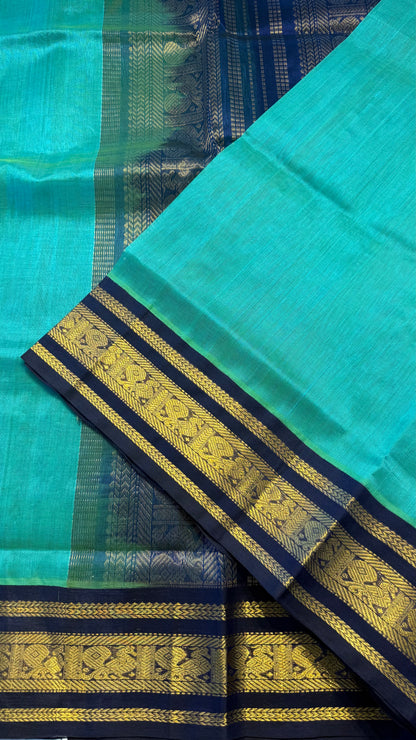 TEAL GREEN WITH DARK BLUE HANDLOOM KANCHIPURAM SILK COTTON (KSC126)
